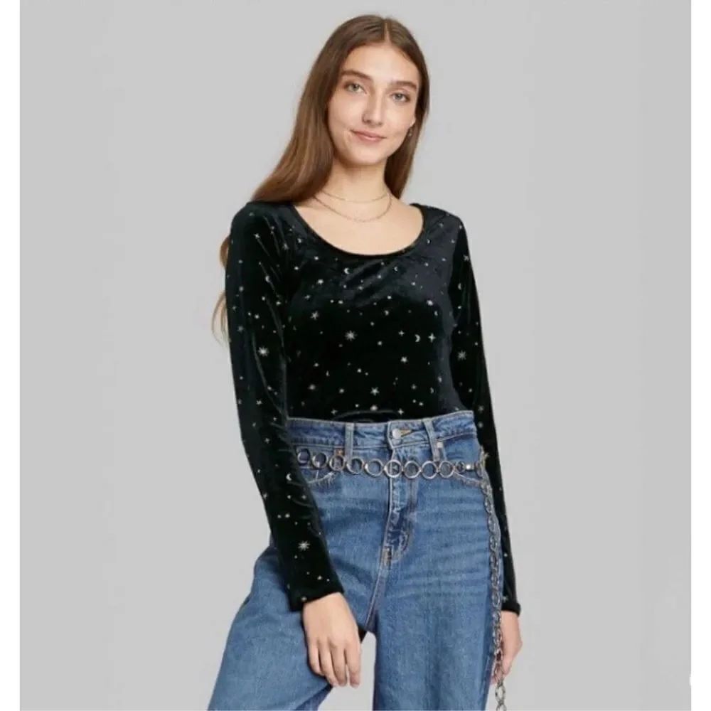 Womens Wild Fable Metallic Celestial Moon & Stars Open Back Bodysuit - Sz XS